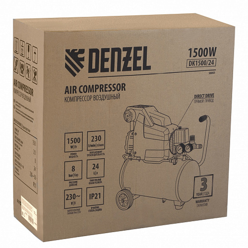 Компрессор воздушный DK1500/24,Х-PRO 1,5 кВт, 230 л/мин, 24 л// Denzel Компрессор воздушный DK1500/24,Х-PRO 1,5 кВт, 230 л/мин, 24 л// Denzel