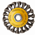 Щетка для УШМ, 100 мм, М14, Тарелка, крученая нержавеющая проволока 0,5 мм// Denzel Щетка для УШМ, 100 мм, М14, Тарелка, крученая нержавеющая проволока 0,5 мм// Denzel
