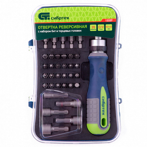 Отвертка-реверс + биты, 35 пред., PH + SL + Torx + PZ + Hex + Sq, CrV, 3к рукоятка// Сибртех Отвертка-реверс + биты, 35 пред., PH + SL + Torx + PZ + Hex + Sq, CrV, 3к рукоятка// Сибртех