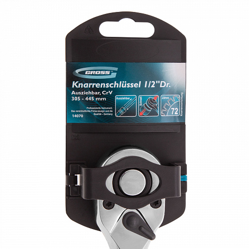Ключ телескопический трещоточный 1/2", 305-445 мм, CrV, хромир., 2-х комп. рукоятка// Gross Ключ телескопический трещоточный 1/2", 305-445 мм, CrV, хромир., 2-х комп. рукоятка// Gross