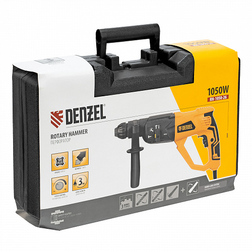 Перфоратор электрический RH-1050-26, SDS-plus, 1050 Вт, 3,2 Дж, 3 плюс 1 реж.// Denzel Перфоратор электрический RH-1050-26, SDS-plus, 1050 Вт, 3,2 Дж, 3 плюс 1 реж.// Denzel