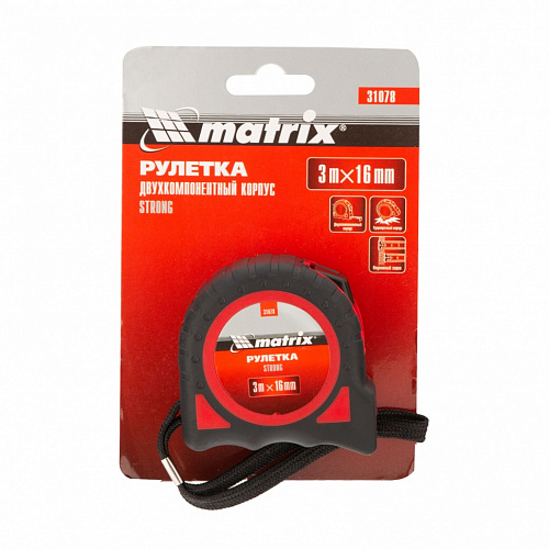 Рулетка Strong, 3 м х 16 мм, обрезиненный корпус// Matrix Рулетка Strong, 3 м х 16 мм, обрезиненный корпус// Matrix