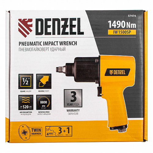Ударный пневмогайковерт IW1500SP, 1/2", 8800 об/мин, 1490 Нм// Denzel Ударный пневмогайковерт IW1500SP, 1/2", 8800 об/мин, 1490 Нм// Denzel