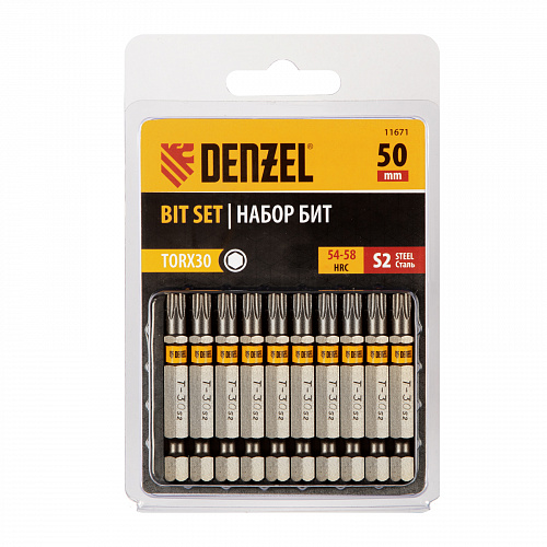 Набор бит TORX 30х50, сталь S2, шестигранный профиль, 10 шт.// Denzel Набор бит TORX 30х50, сталь S2, шестигранный профиль, 10 шт.// Denzel