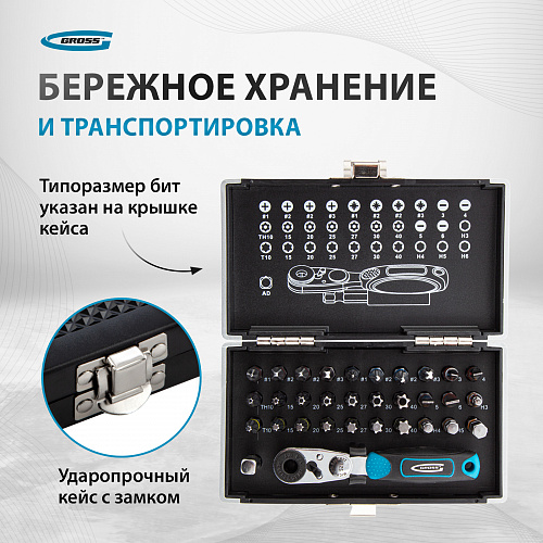 Набор бит, 1/4", магнитный адаптер, сталь S2 пластиковый кейс, 33 предм.// Gross Набор бит, 1/4", магнитный адаптер, сталь S2 пластиковый кейс, 33 предм.// Gross