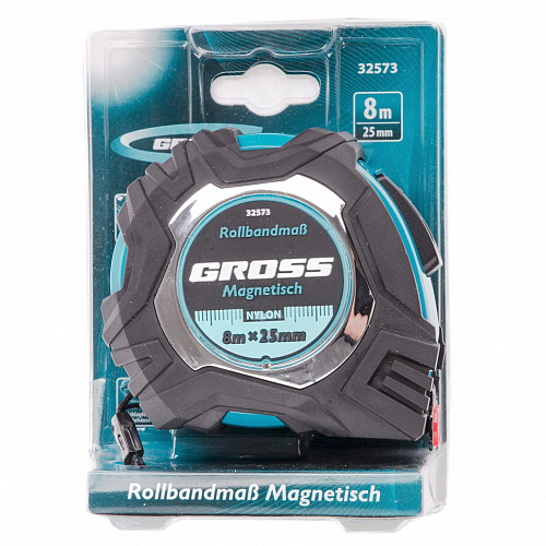 Рулетка Magnetisch, 8м х 25мм, обрезин. корпус,автоматич. фиксация, нейлон. покр.,магн.зацеп// Gross Рулетка Magnetisch, 8м х 25мм, обрезин. корпус,автоматич. фиксация, нейлон. покр.,магн.зацеп// Gross