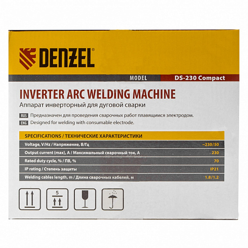 Аппарат инвертор. дуговой сварки DS-230 Compact, 230 А, ПВ 70%, диам.эл. 1,6-5 мм// Denzel Аппарат инвертор. дуговой сварки DS-230 Compact, 230 А, ПВ 70%, диам.эл. 1,6-5 мм// Denzel