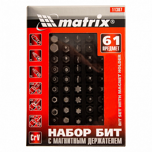 Набор бит с магнитным держателем, CrV, 61 шт.// Matrix Набор бит с магнитным держателем, CrV, 61 шт.// Matrix